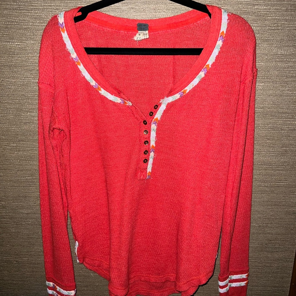 Free People Red Thermal Rainbow Embroidered Thermal Henley Long Sleeve XS